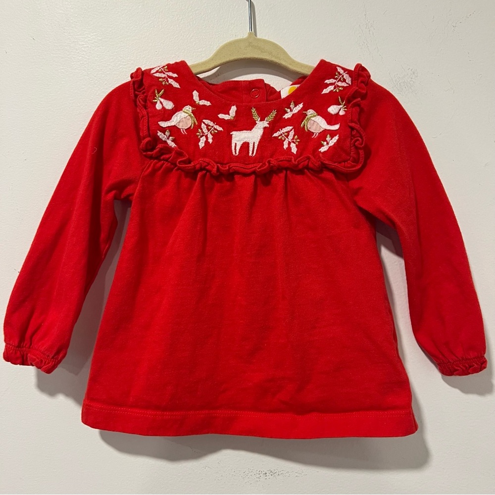 Mini Boden Baby Red Embroidered Jersey Top Deer Bird Appliqué Holiday 6-12m 80